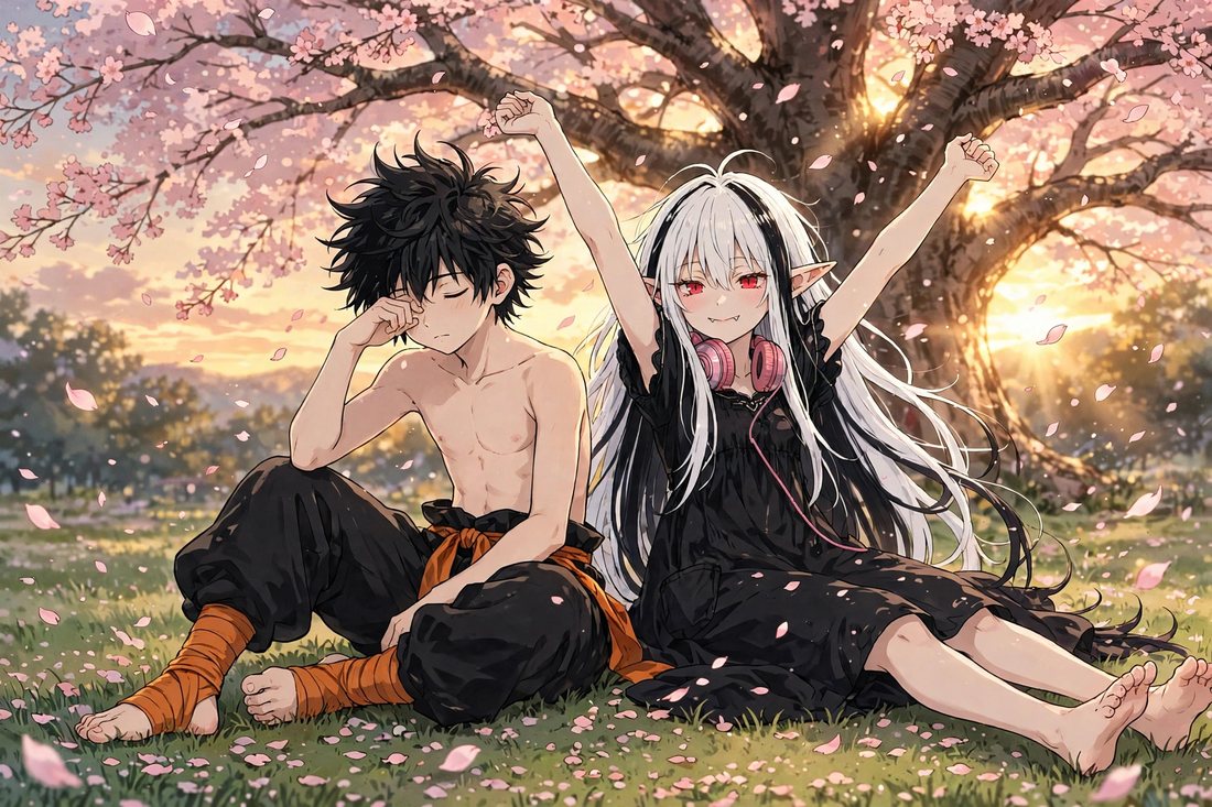 Akio and Maki waking under cherry blossoms