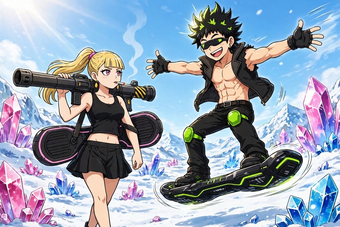 Joey and Sophie, bounty hunters on hoverboards in a snowy crystal tundra
