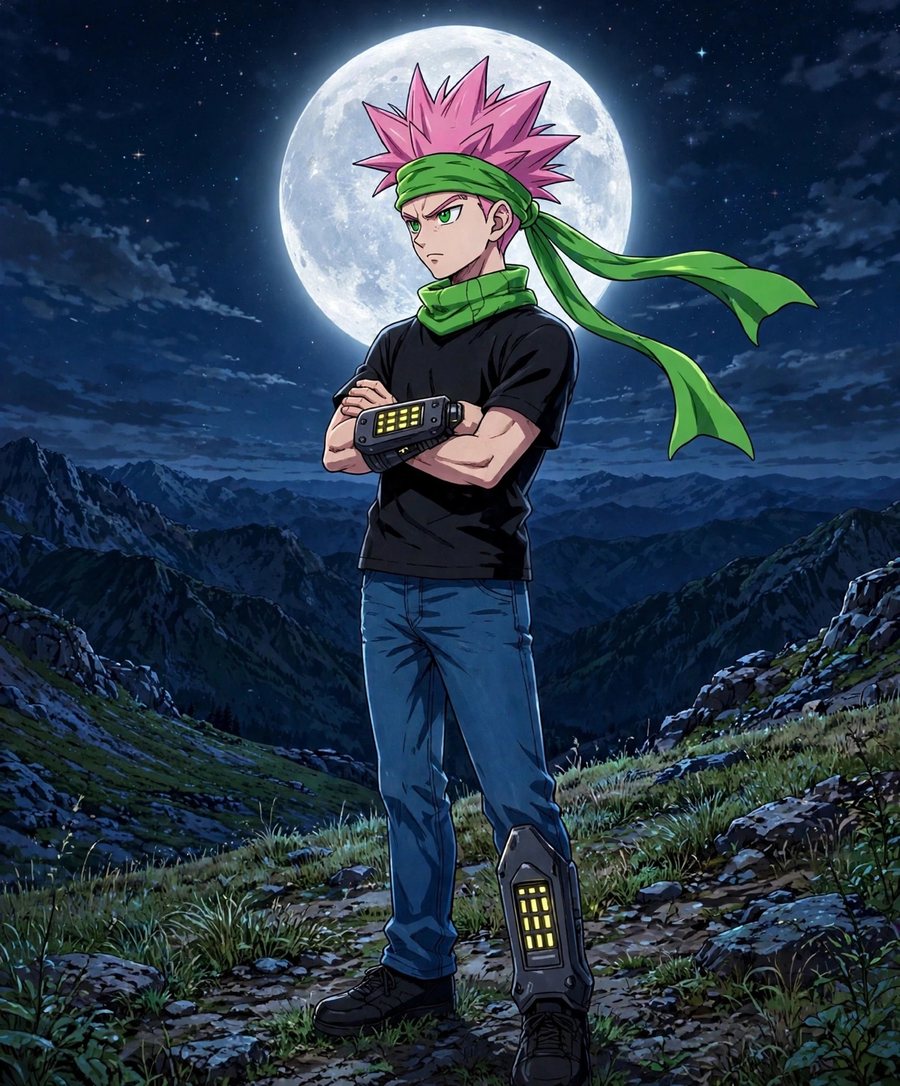 Neon, the Guardian who walked away, standing under a full moon