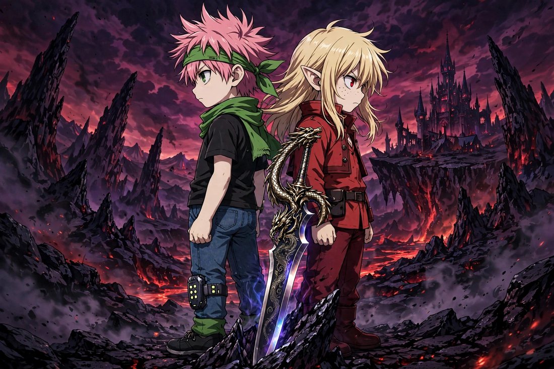 Neon and Xenon, brothers, facing off in a hellscape