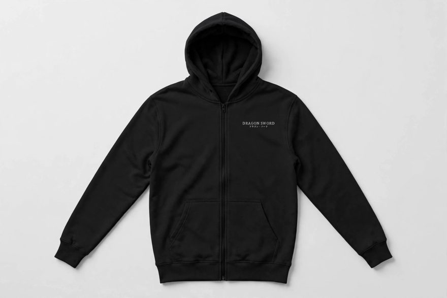 Dragon Sword black zip-up hoodie, front — small white emblem on the chest