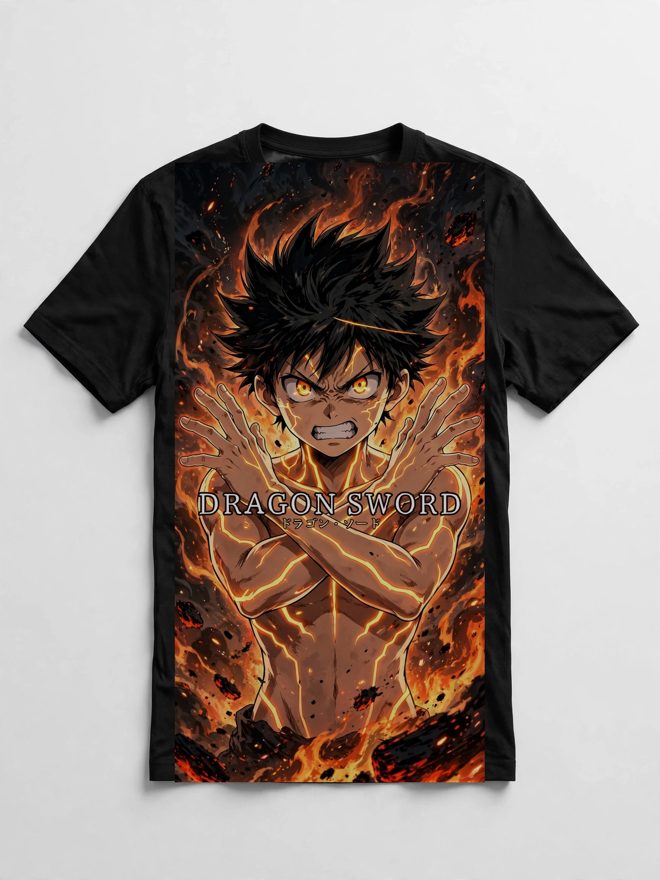 Spirit Guardian Akio tee — black shirt with DRAGON SWORD across the crossed-arm X-guard art